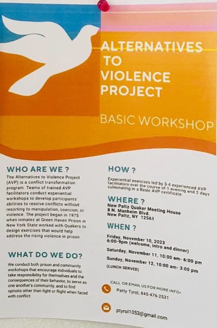 Alternatives to violence project basic workshop flyer.
