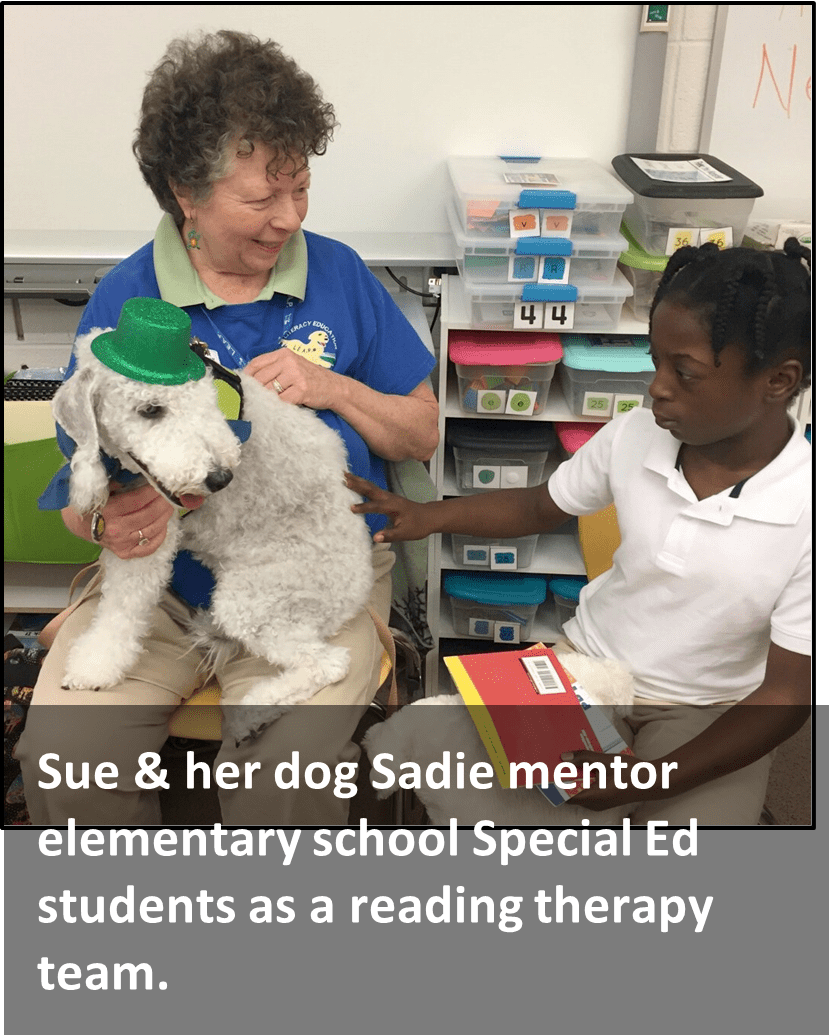 A woman and her dog engage with a student in a classroom setting as part of a special education reading therapy program.