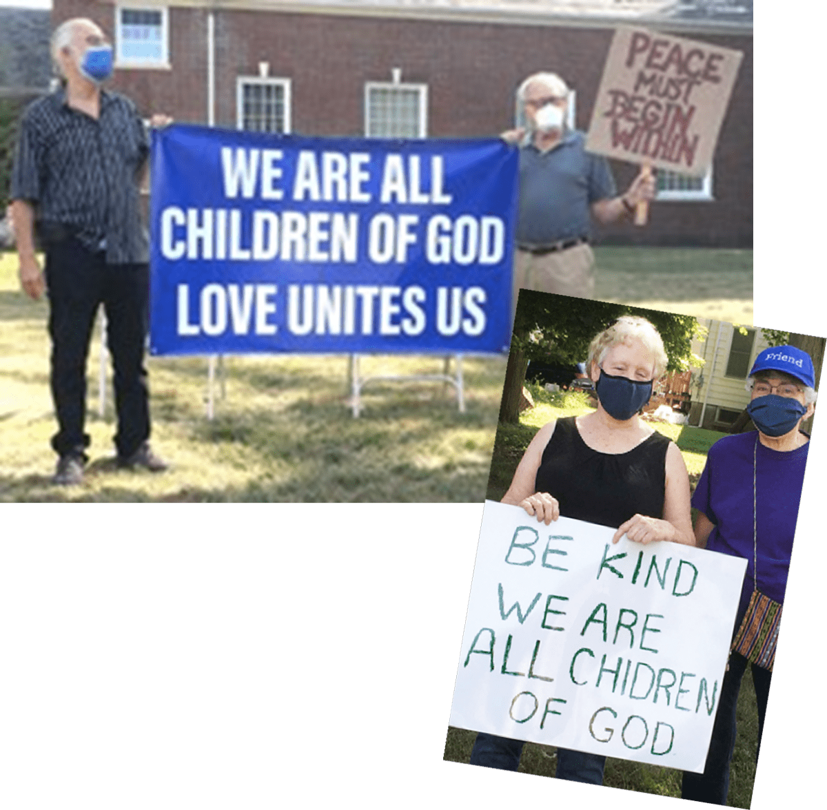 Four senior adults holding signs with messages of unity and kindness, wearing masks, standing outside a brick building.