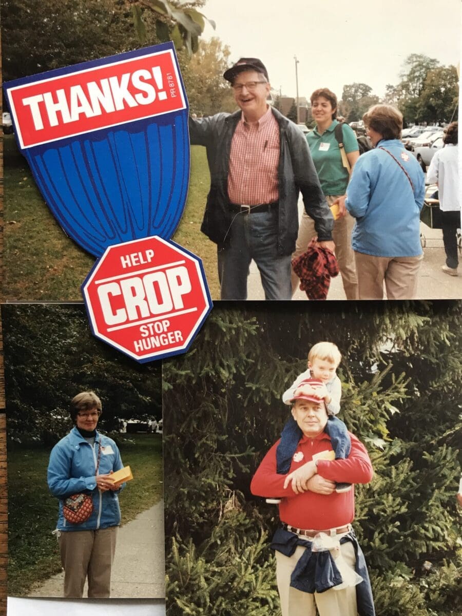 A collage of three photos featuring individuals at an outdoor event, with one overlayed logo reading "THANKS! Help CROP Stop Hunger.