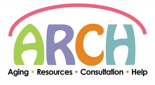 Logo for ARCH, featuring large letters in green, purple, orange, and blue, with a red arc above. Below, the words: Aging, Resources, Consultation, Help are written with small colored dots.