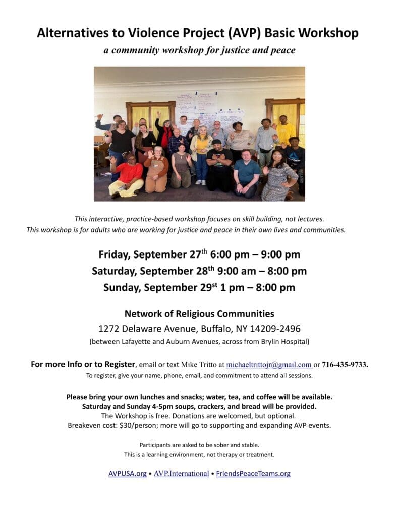 A group photo of people in a hall. Text below the photo provides details of an "Alternatives to Violence Project (AVP) Basic Workshop" scheduled for September 27-29 in Buffalo, NY, including contact info.